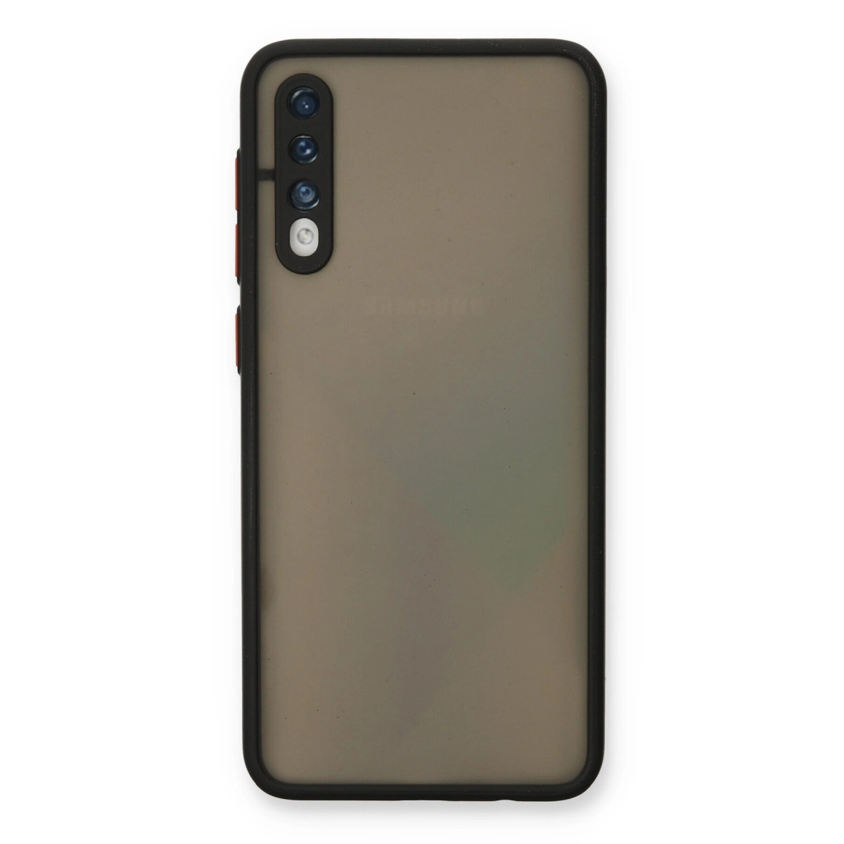 Siyah çerçeveli ve kamera modüllü koyu gri telefon kılıfı.