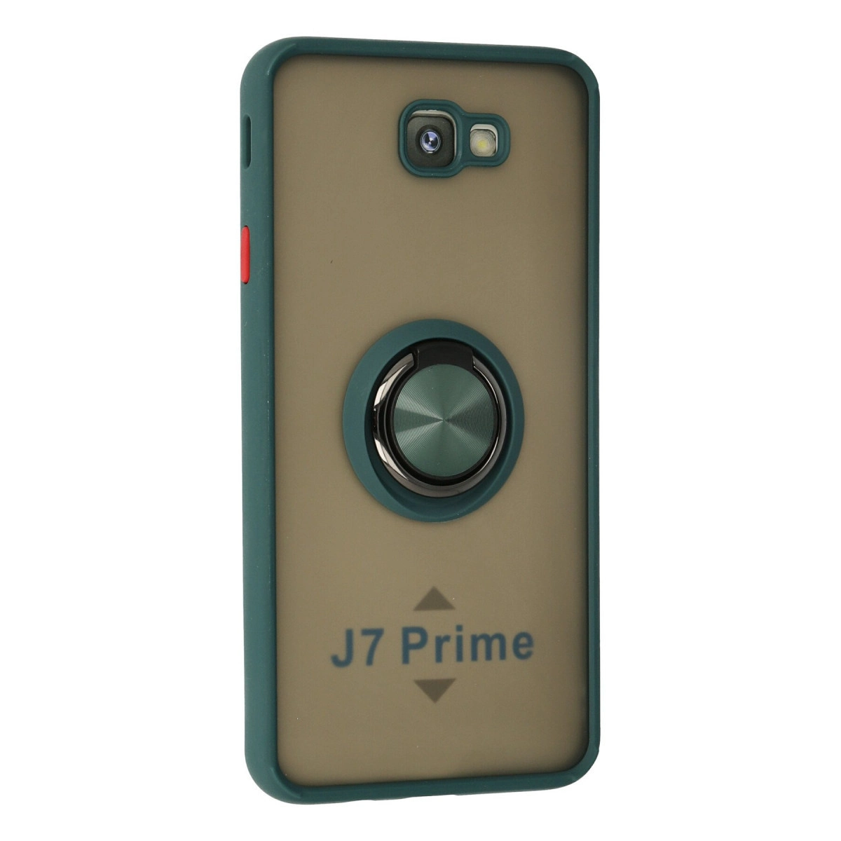 Halka tutuculu ve "J7 Prime" yazılı koyu yeşil telefon kılıfı.