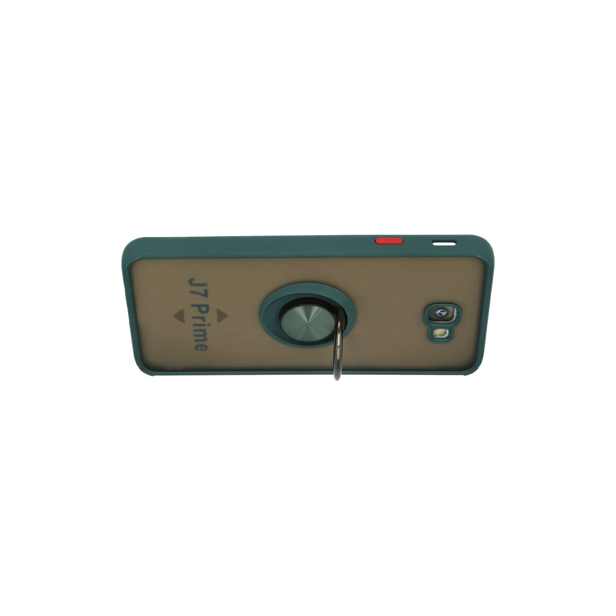 Ortasında halka tutucu bulunan koyu yeşil telefon kılıfının arkası.