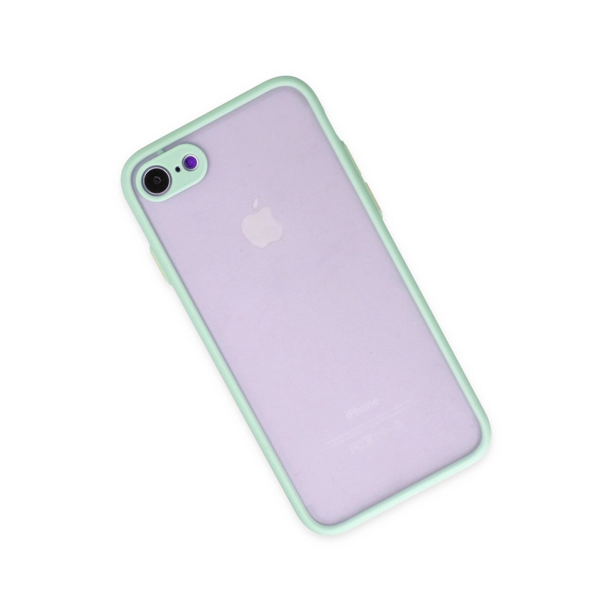 Beyaz arka plan üzerinde nane yeşili kenarlıklı mor iPhone.