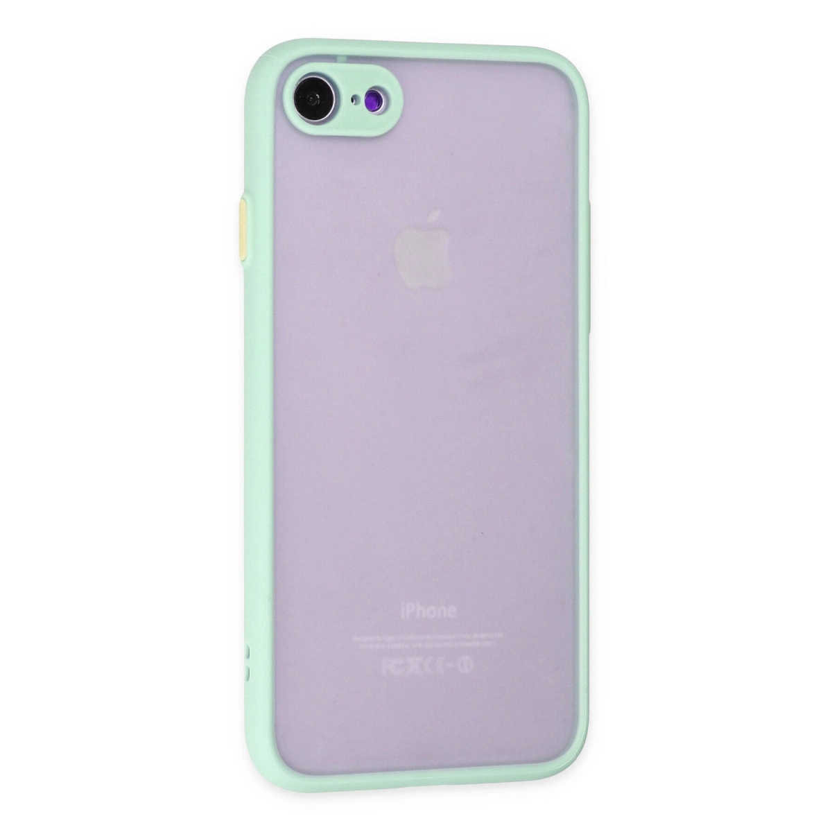Açık lavanta rengi iPhone, nane yeşili kılıf ve kamerayla.