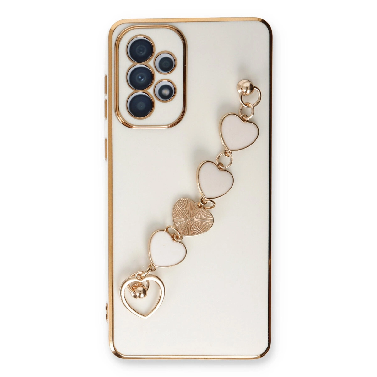 Kameralı beyaz telefon ve altın kalp charm bileklik.