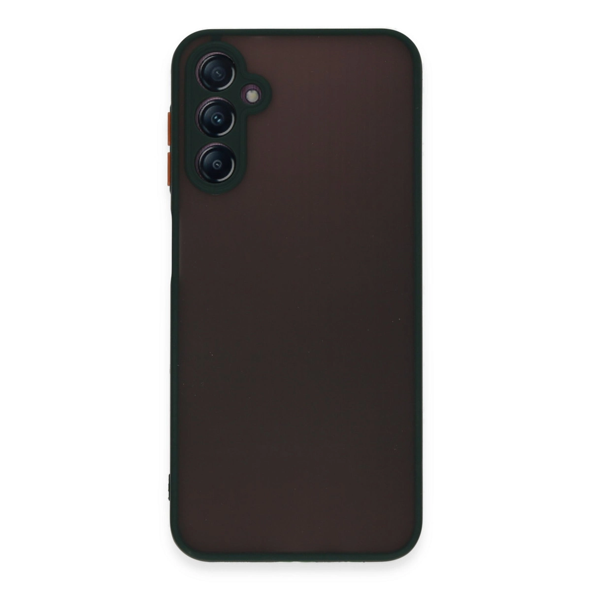 Üç kamera lensli ve koyu kenarlıklı koyu kahverengi telefon kılıfı.