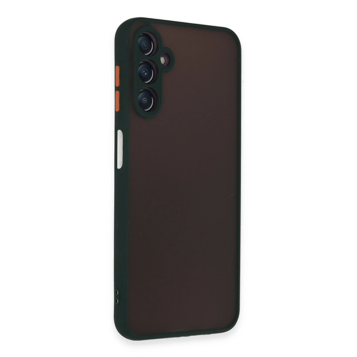 Koyu kahverengi telefon kılıfı, koyu çerçeveli ve üç kamera lensli.