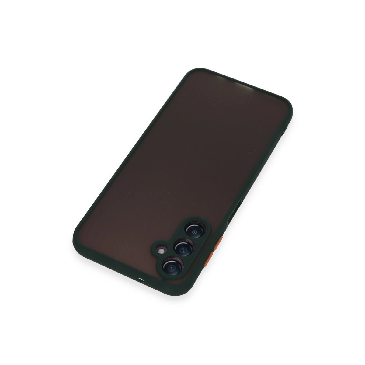 Üç kamera lensli ve turuncu düğmeli koyu kahverengi telefon kılıfı.