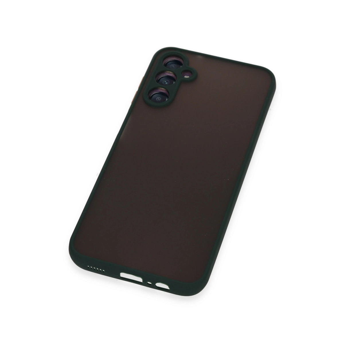 Koyu kahverengi telefon kılıfı, üç kamera lensi ve koyu kenarlı.
