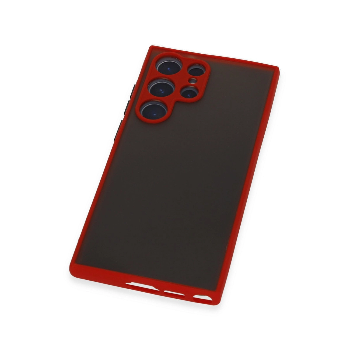Koyu arka ve kamera lensli kırmızı telefon kılıfı.