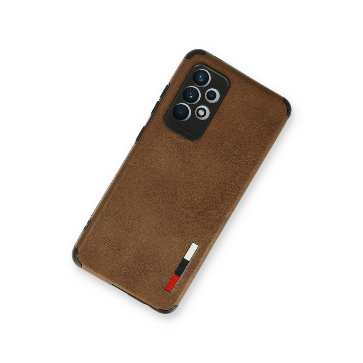 Kamera dizilimi ve şerit detaylı kahverengi telefon kılıfı.