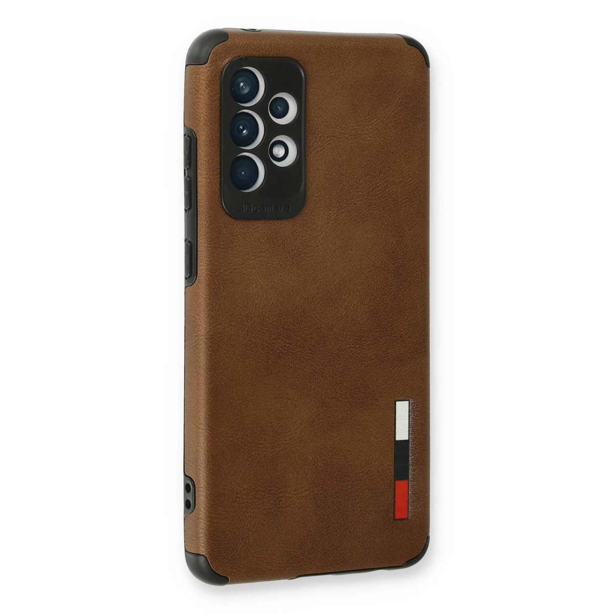 Kamera kesimli, logo şeritli kahverengi telefon kılıfı.
