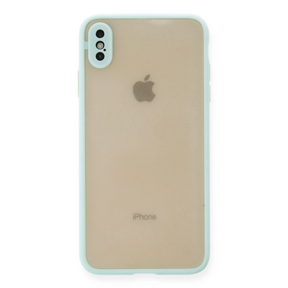 Arkası açık mavi iPhone kılıfı, iki kameralı.