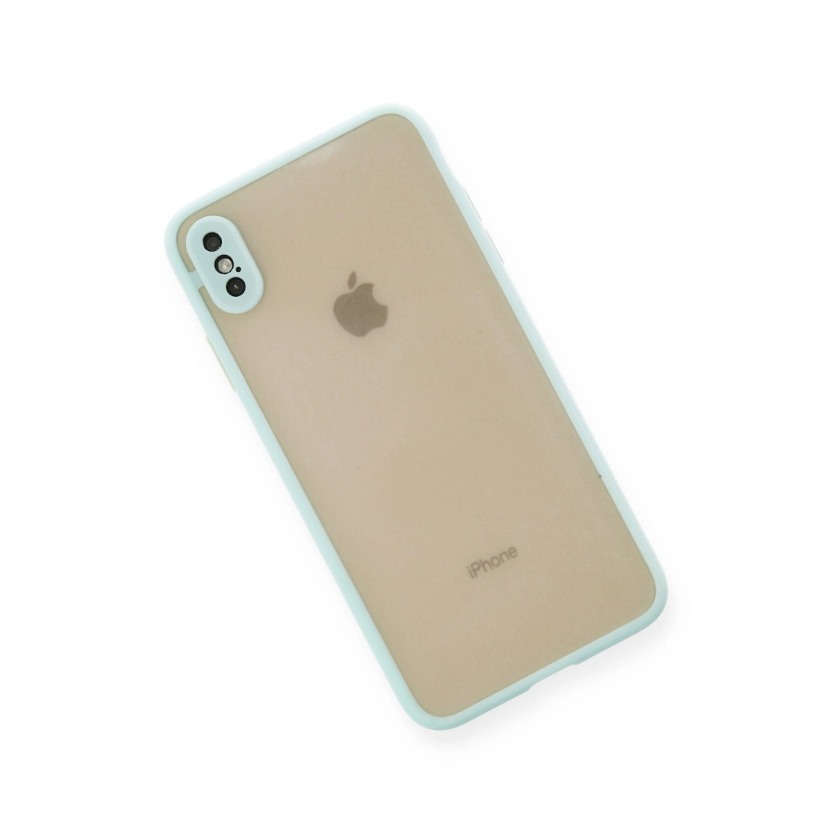 Apple logosu olan bir iPhone'u gösteren, açık yeşil kenarlı şeffaf kılıf.