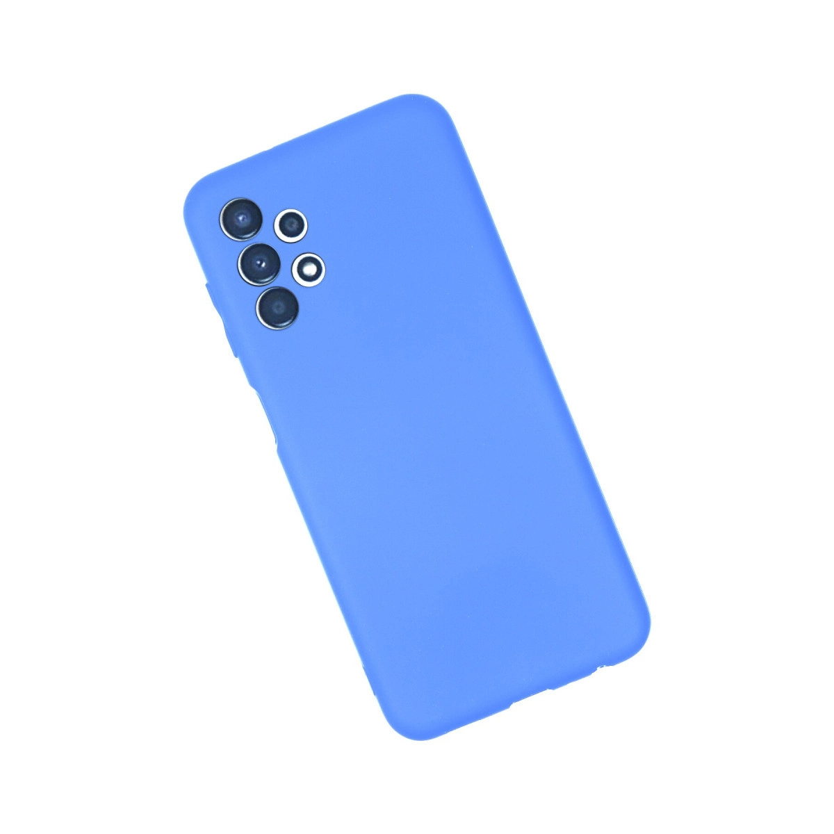 Beyaz arka plan üzerinde dört kamera lensli mavi telefon kılıfı.