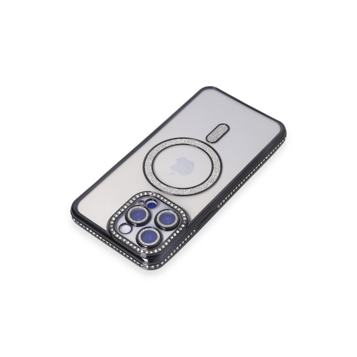 Kamera ve MagSafe halkalı ışıltılı iPhone kılıfı.