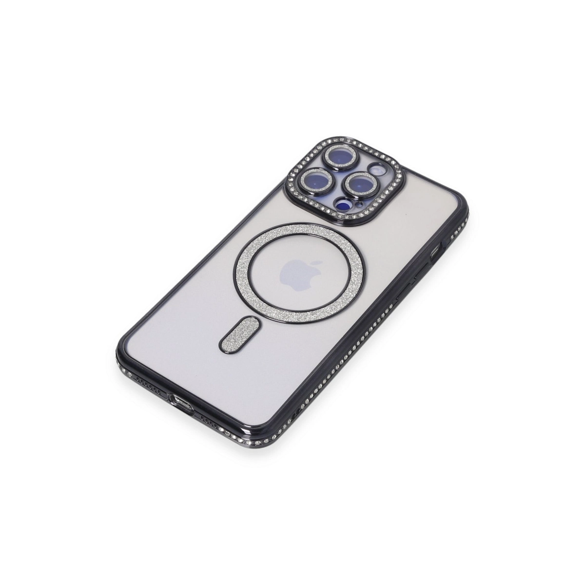 Apple logosu ve kamera korumalı ışıltılı iPhone kılıfı.