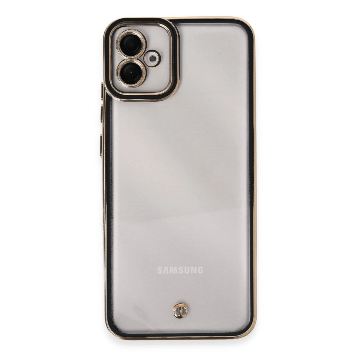 Altın kenarlı ve kamera çerçeveli şeffaf telefon kılıfı.