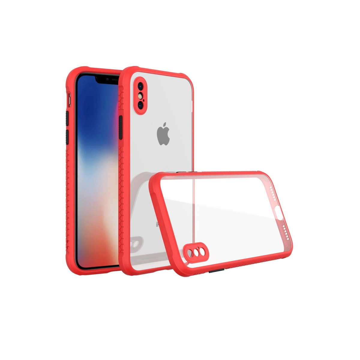 İçinde iPhone olan, şeffaf arkalı kırmızı iPhone kılıfı.