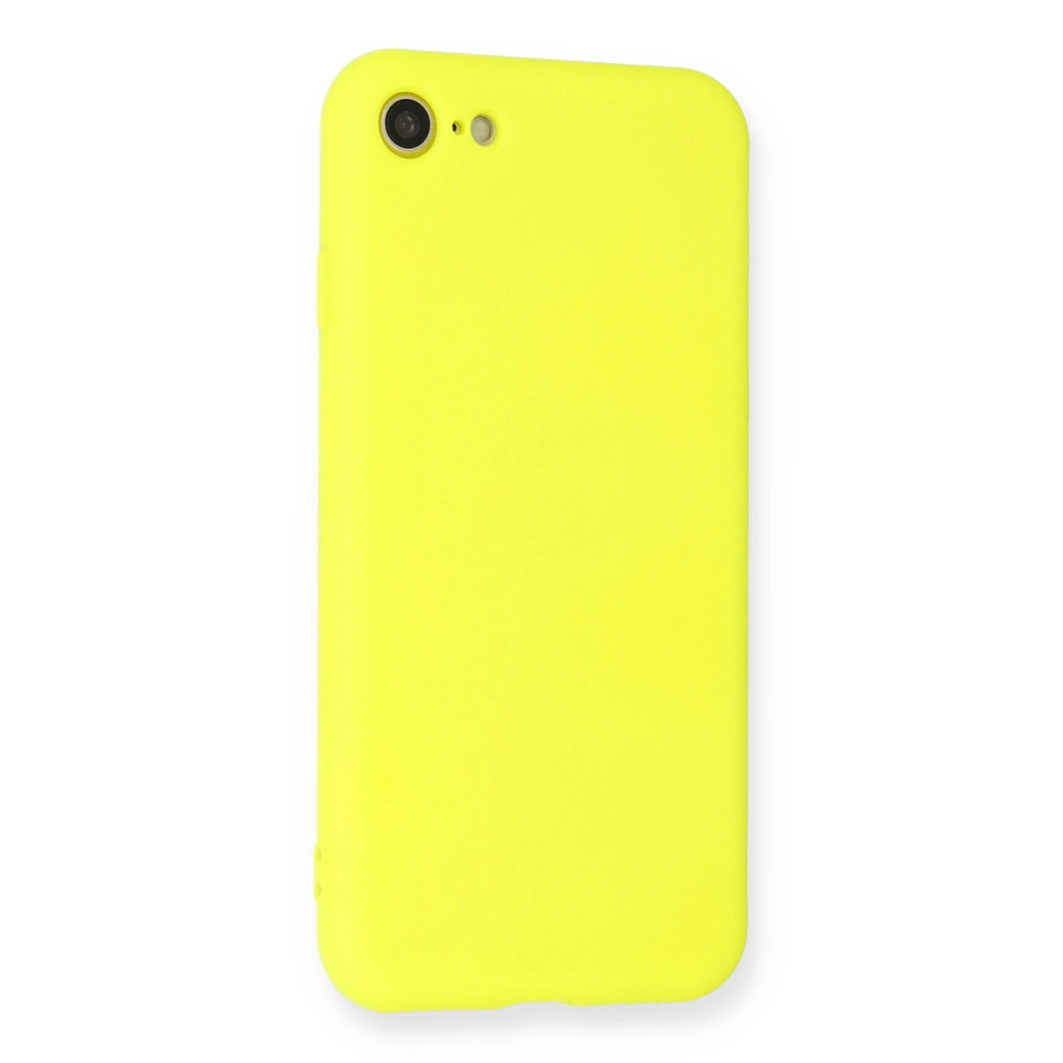 Kamera oyuntulu parlak sarı telefon kılıfı.