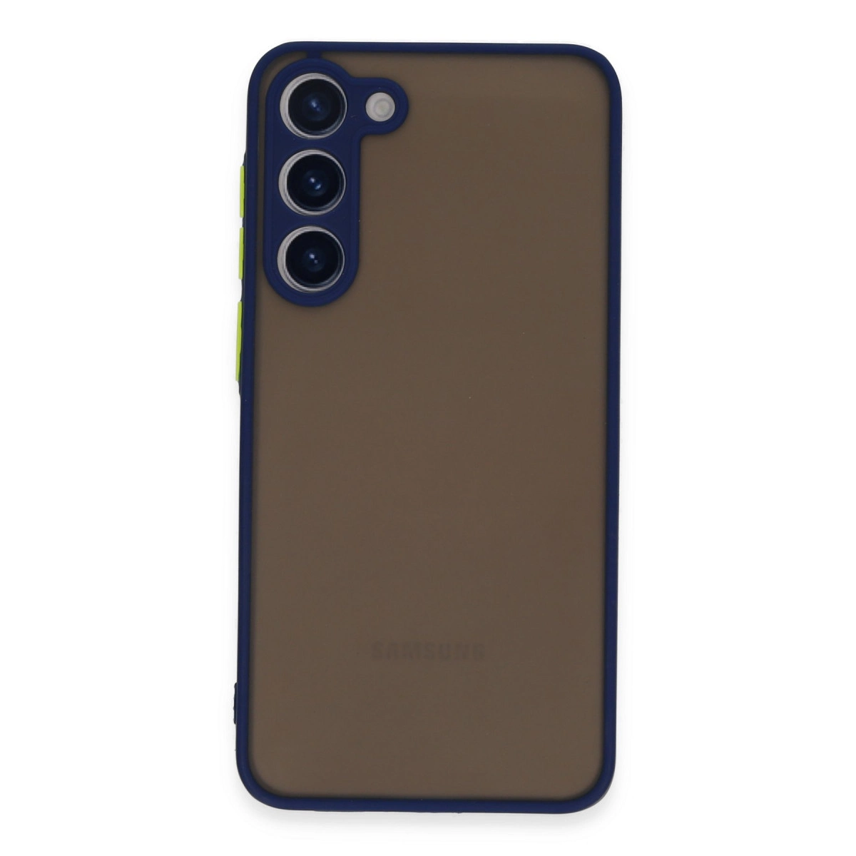 Mavi kenarlı, üçlü kameraya sahip kahverengi telefon.