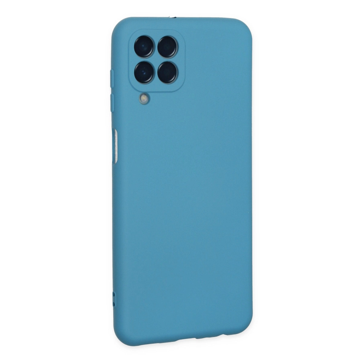 Arkada dört kamerası ve flaşı olan mavi telefon kılıfı.