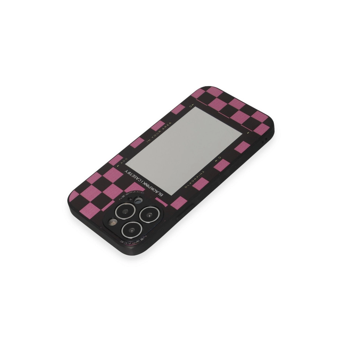 Pembe damalı, kameralı ve aynalı siyah telefon kılıfı.