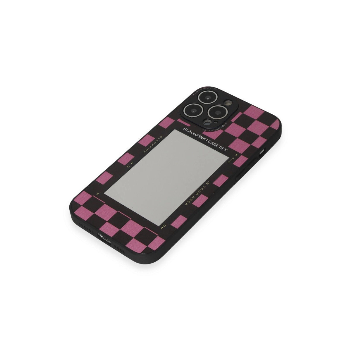 Pembe damalı desenli siyah telefon kılıfı, kamera ve ayna.