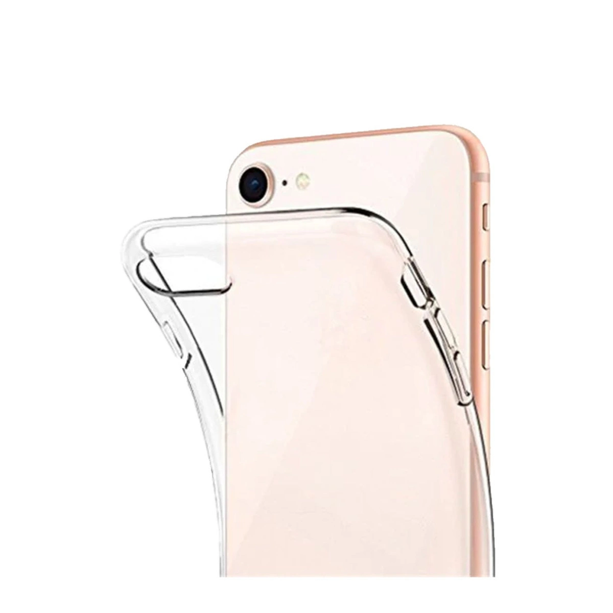 Şeffaf koruyucu kılıf, pembe bir iPhone'un arkasına yerleştirilmiştir.