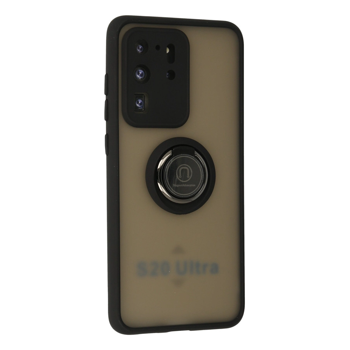Halka tutuculu ve kamera lensli, yarı saydam kahverengi telefon kılıfının arkası.