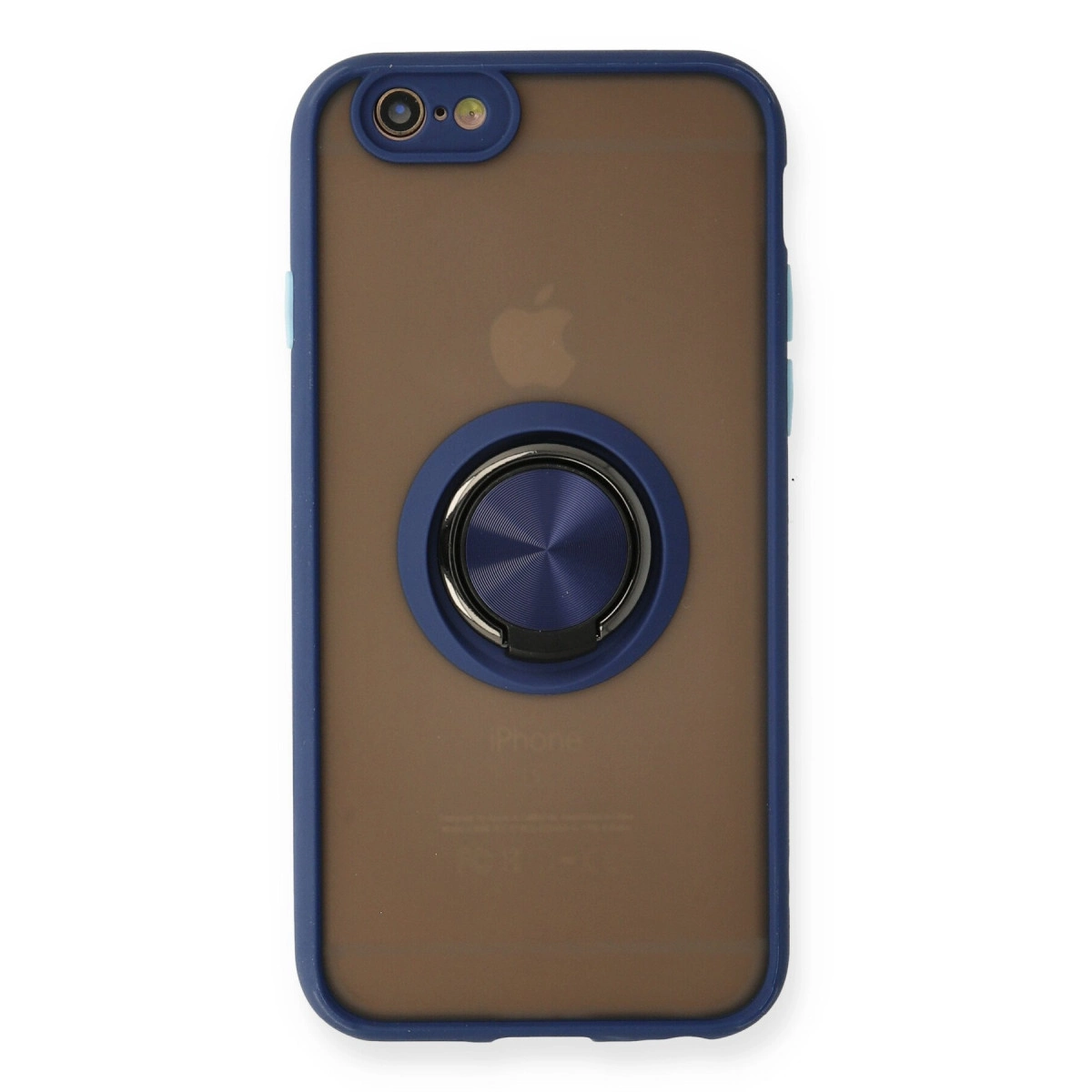 Arkada mavi kenarlı ve mavi halka tutuculu kahverengi iPhone kılıfı.