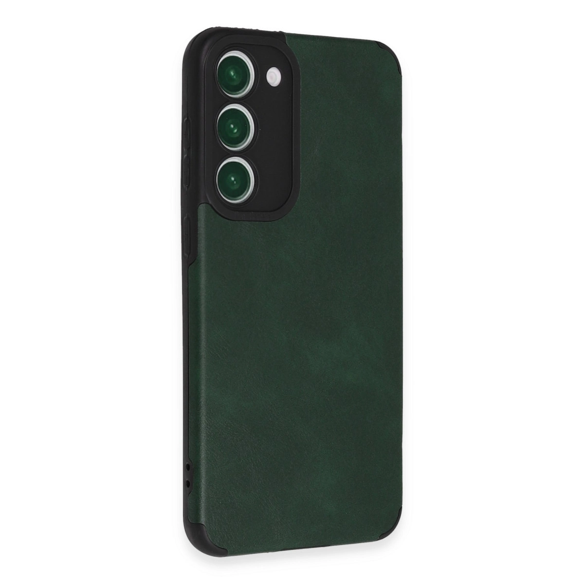 Üç lensli siyah kamera çıkıntısına sahip koyu yeşil telefon kılıfı.