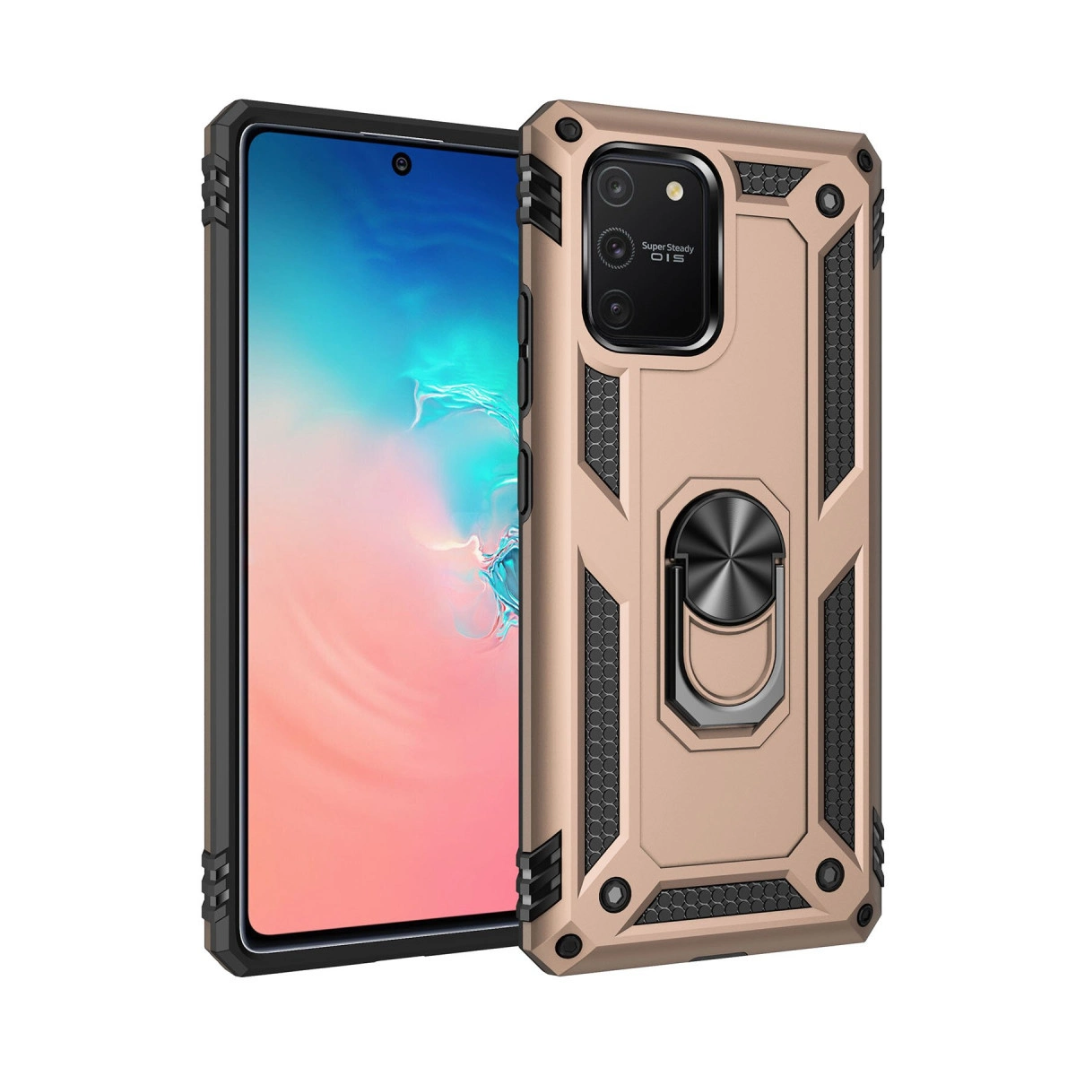 Altın rengi telefon kılıfı, halka tutucu ve kamera kesimi, beyaz arka planlı.