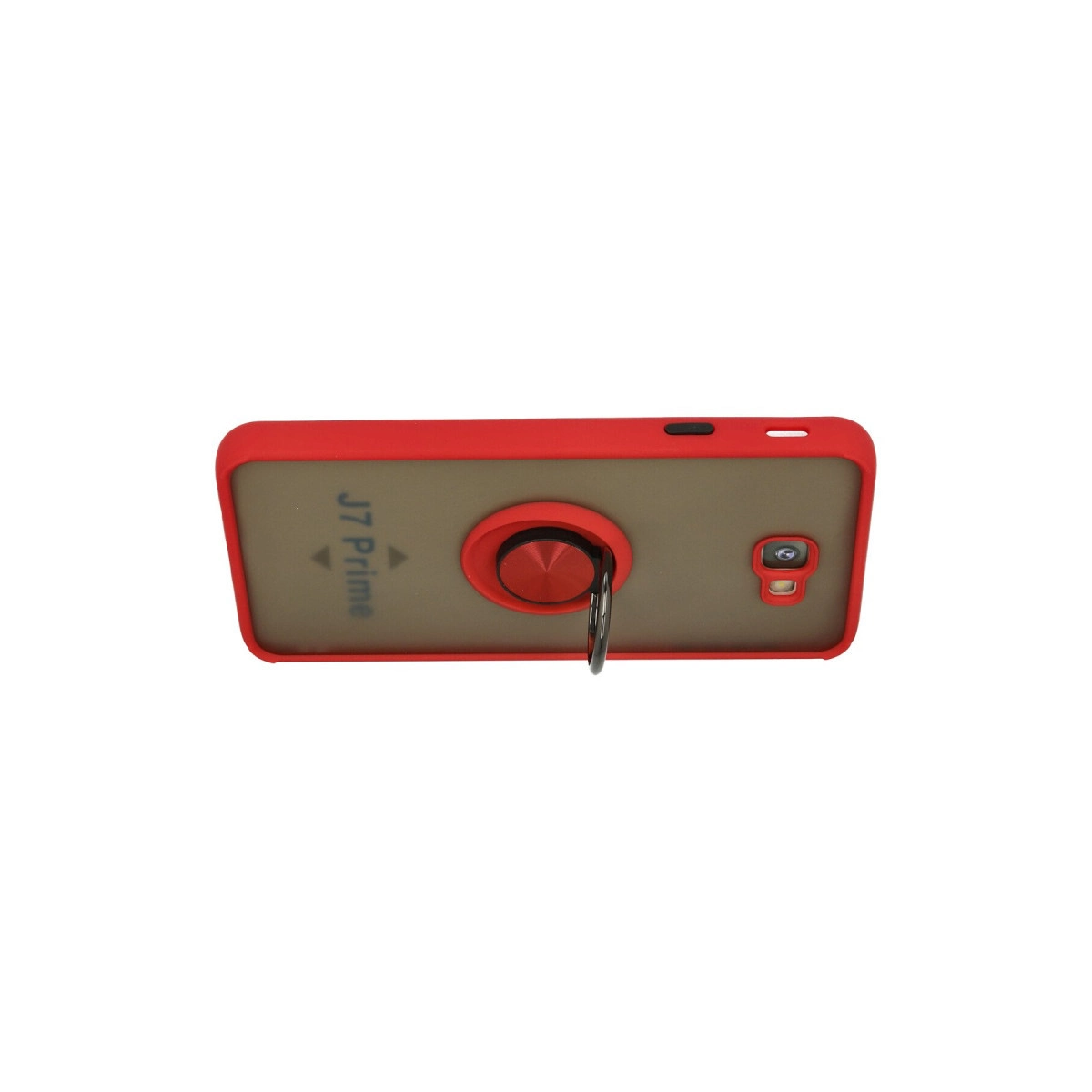 Halkalı tutuculu kırmızı telefon kılıfı, siyah kenarlı, beyaz zeminde.