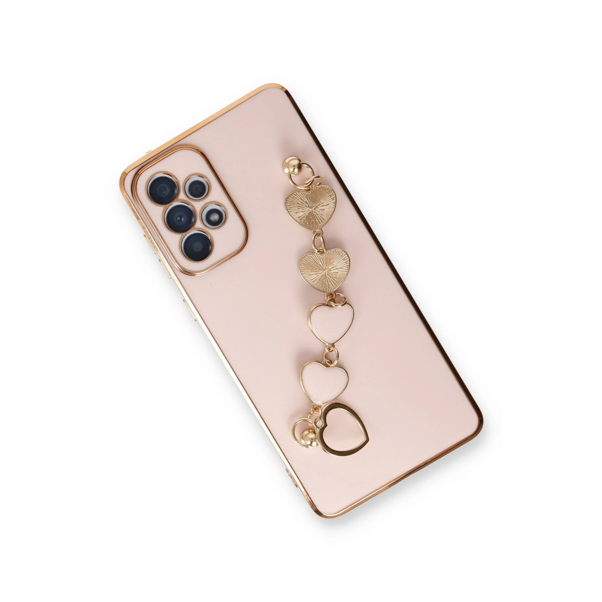 Kamera modüllü pembe telefon ve altın kalp charm.