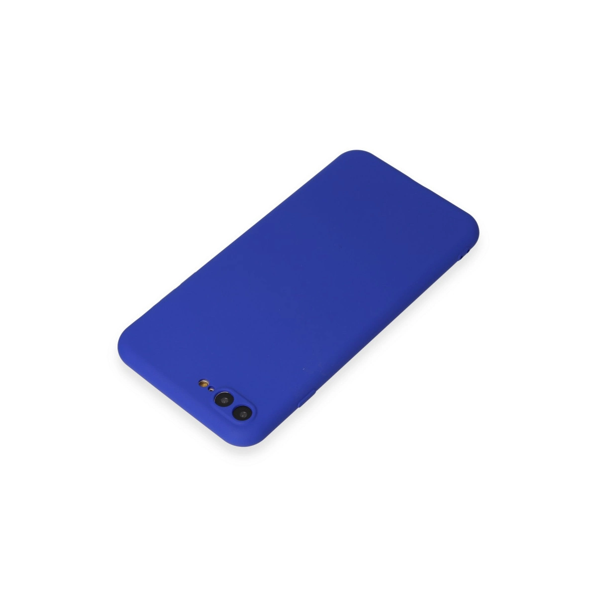 Beyaz arka plan üzerinde çift kamera yuvalı mavi telefon kılıfı.