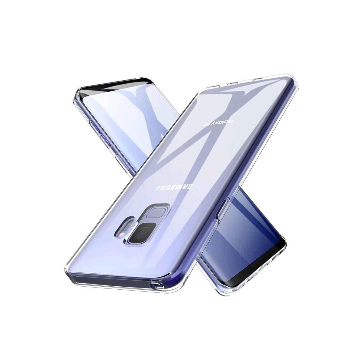 Üst üste çaprazlanmış iki şeffaf Samsung Galaxy S9 telefon kılıfı.
