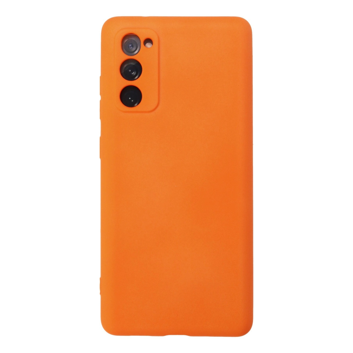 Arkada dikey üçlü kamera sistemine sahip turuncu telefon kılıfı.