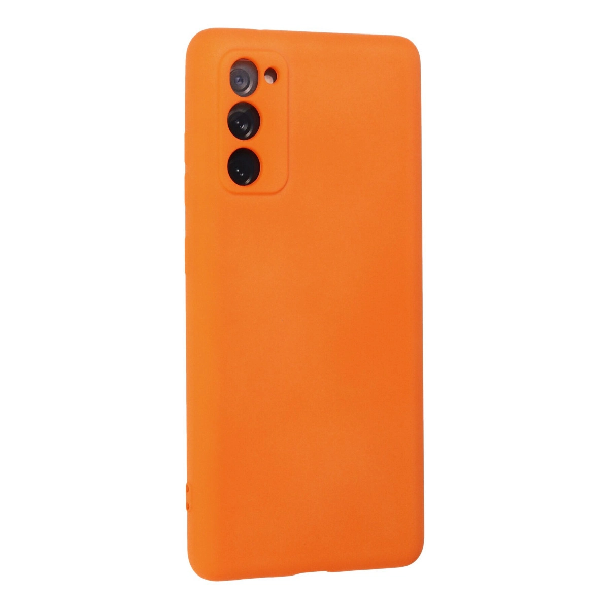 Sol üstte dikey üçlü kamera dizilimine sahip parlak turuncu telefon kılıfı.