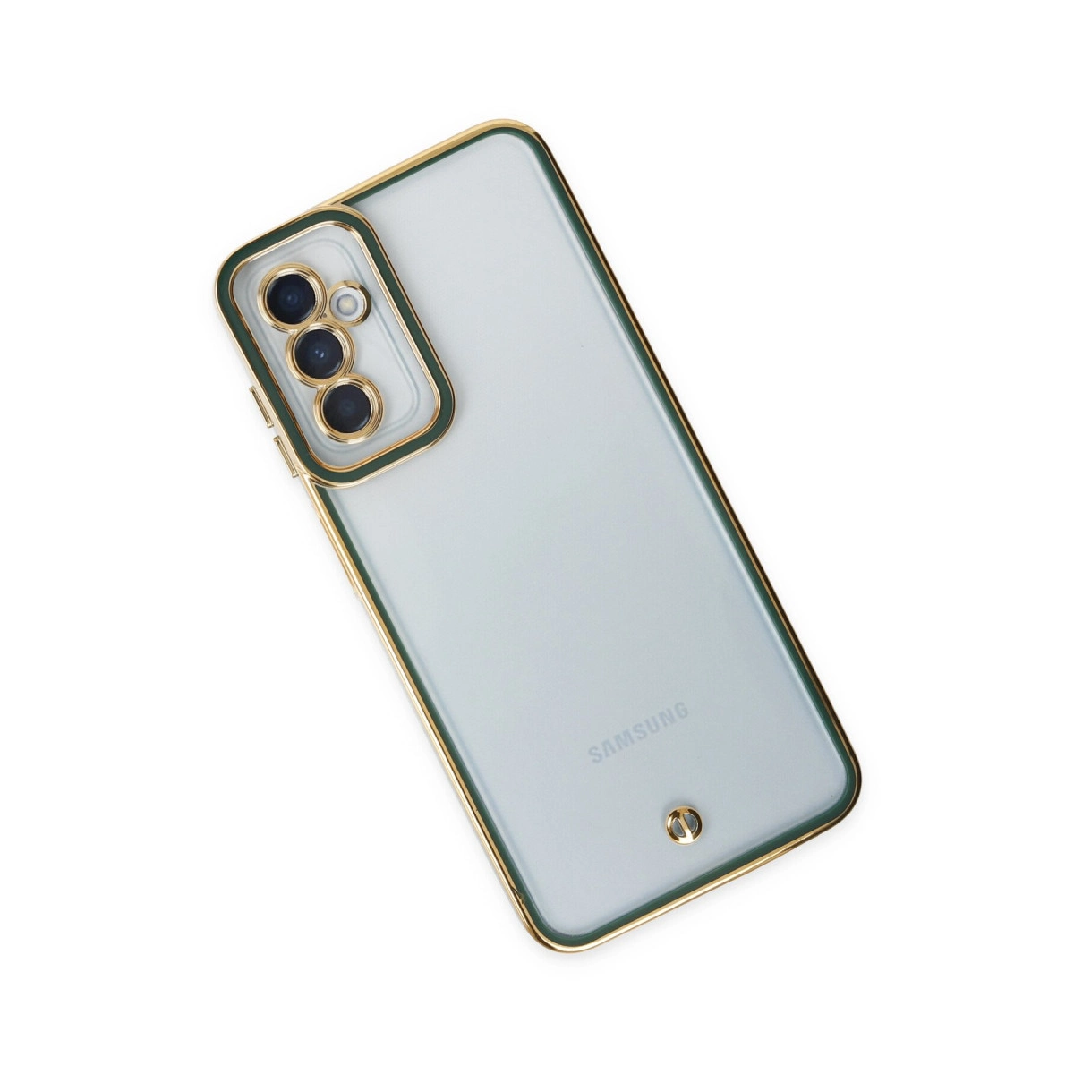 Beyaz arka plan üzerinde altın çerçeveli ve kamera lensli açık yeşil telefon.