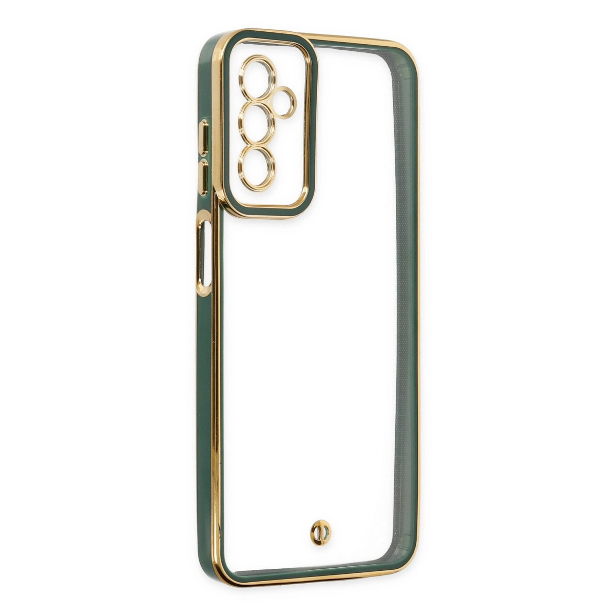 Altın kenarlı ve kamera kesimli yeşil telefon kılıfı, beyaz zeminde.