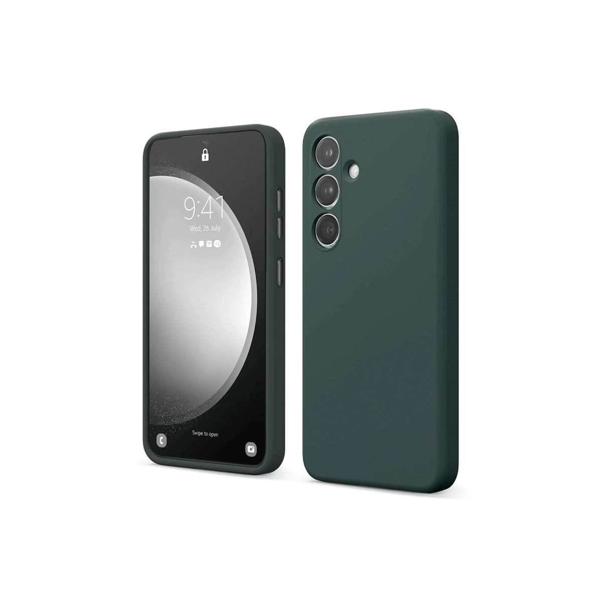 Üç kameralı koyu yeşil telefon ve kilitli ekranlı akıllı telefon.