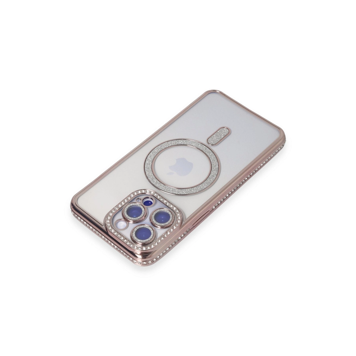 Rose altın kenarlı ve taşlı şeffaf telefon kılıfı, kamera ve MagSafe halkası.