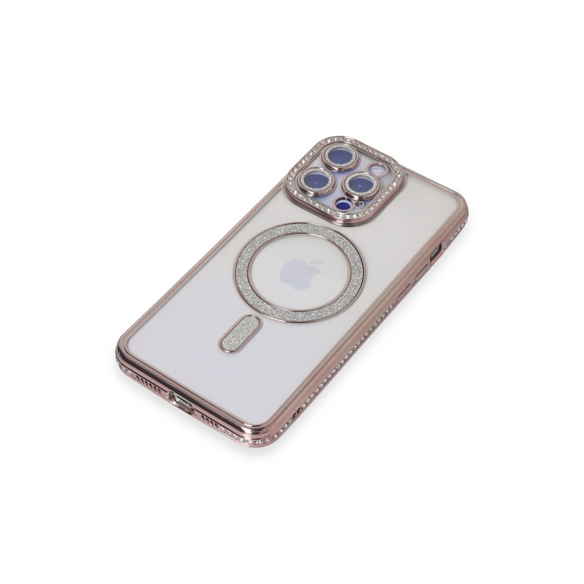 Üç kamera lensli ve manyetik halkalı, ışıltılı, rose altın rengi iPhone kılıfı.