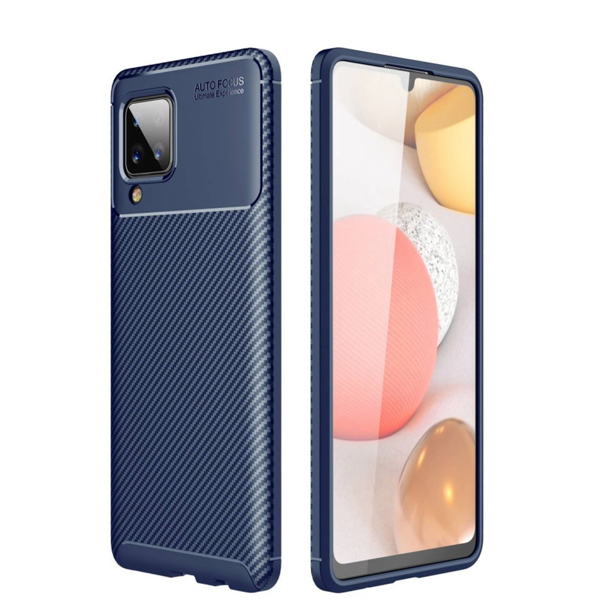 Karbon desenli lacivert telefon kılıfı ve görünen akıllı telefon ekranı.