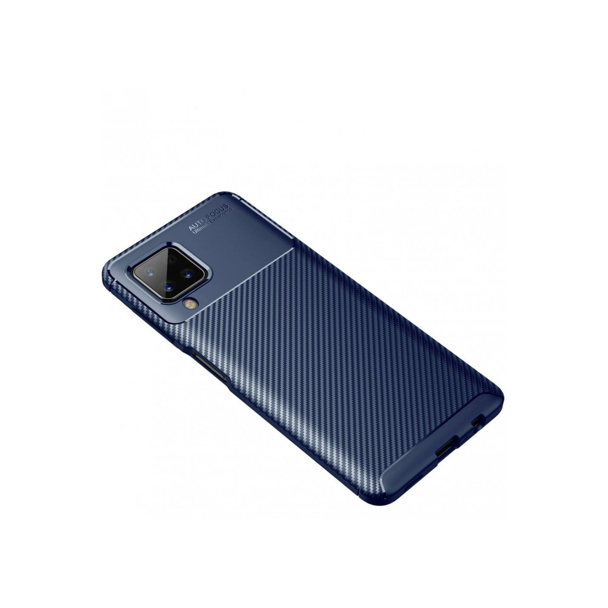 Karbon fiber dokulu ve kamera modüllü lacivert telefon kılıfı.