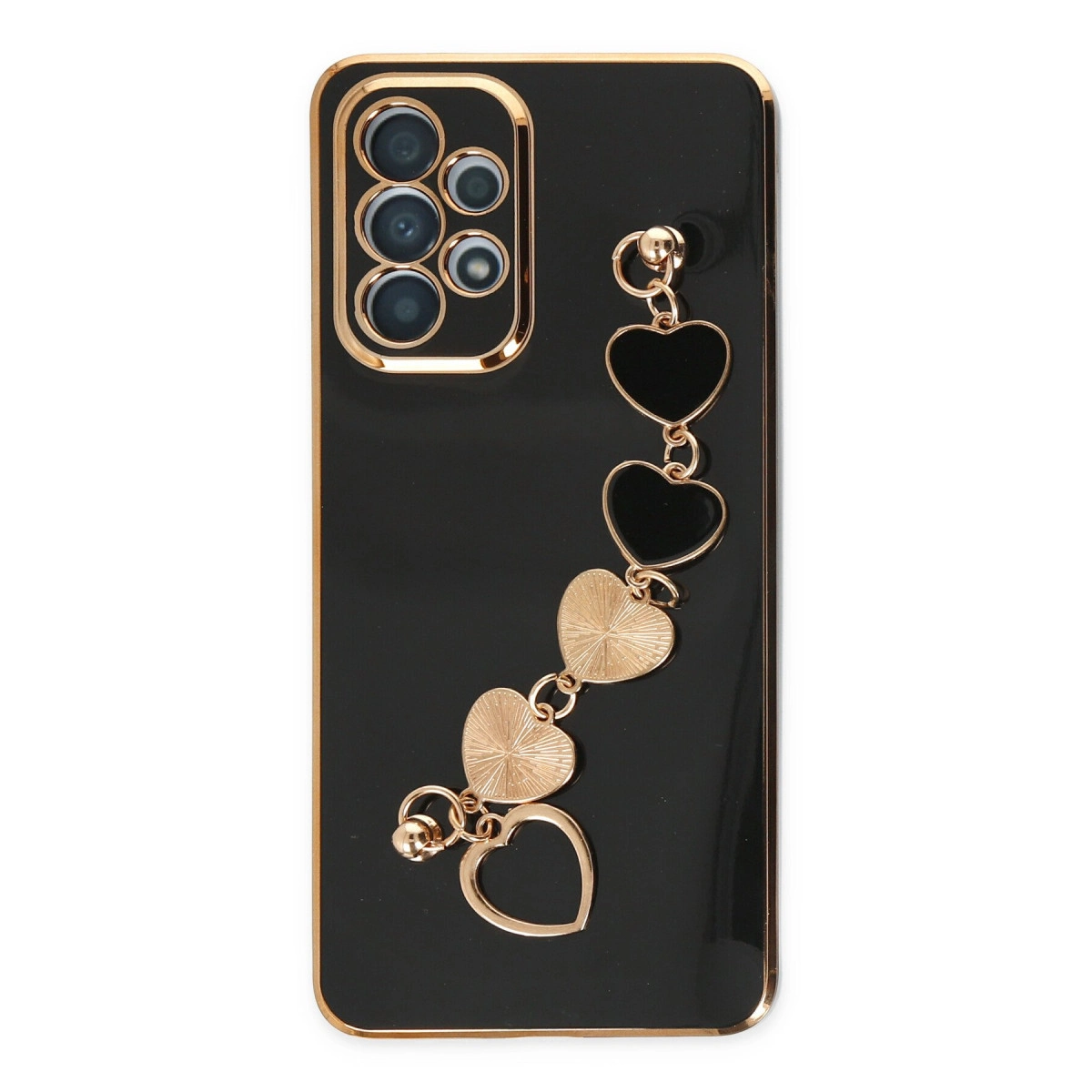 Rose altın kenarlı siyah telefon kılıfı ve kalp charm zinciri.