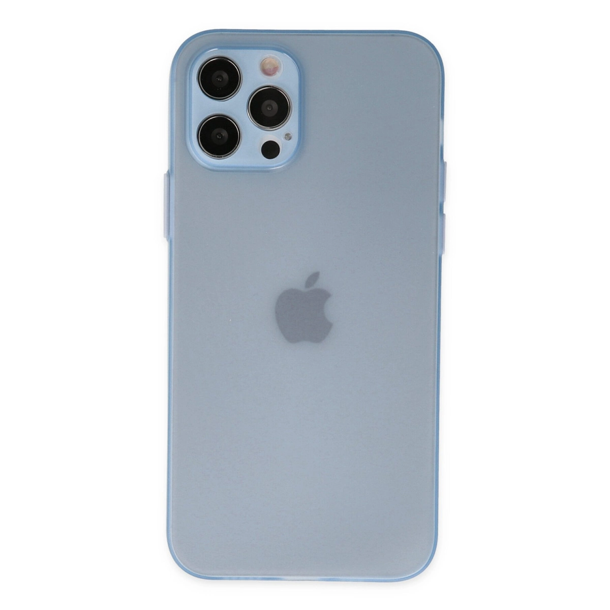 Üç kameralı, Apple logolu açık mavi iPhone'un arkası.