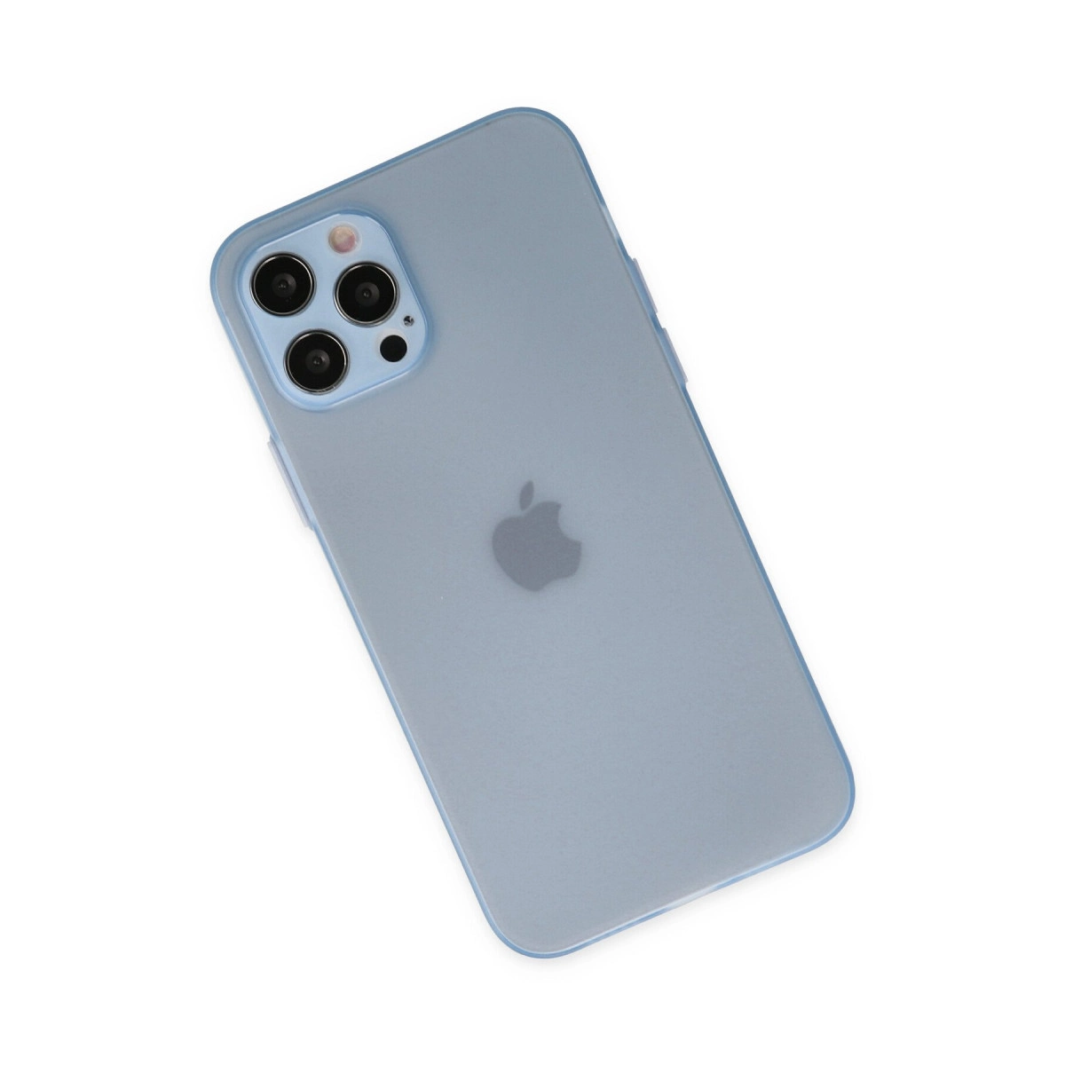 Üç kameralı ve Apple logolu açık mavi iPhone.