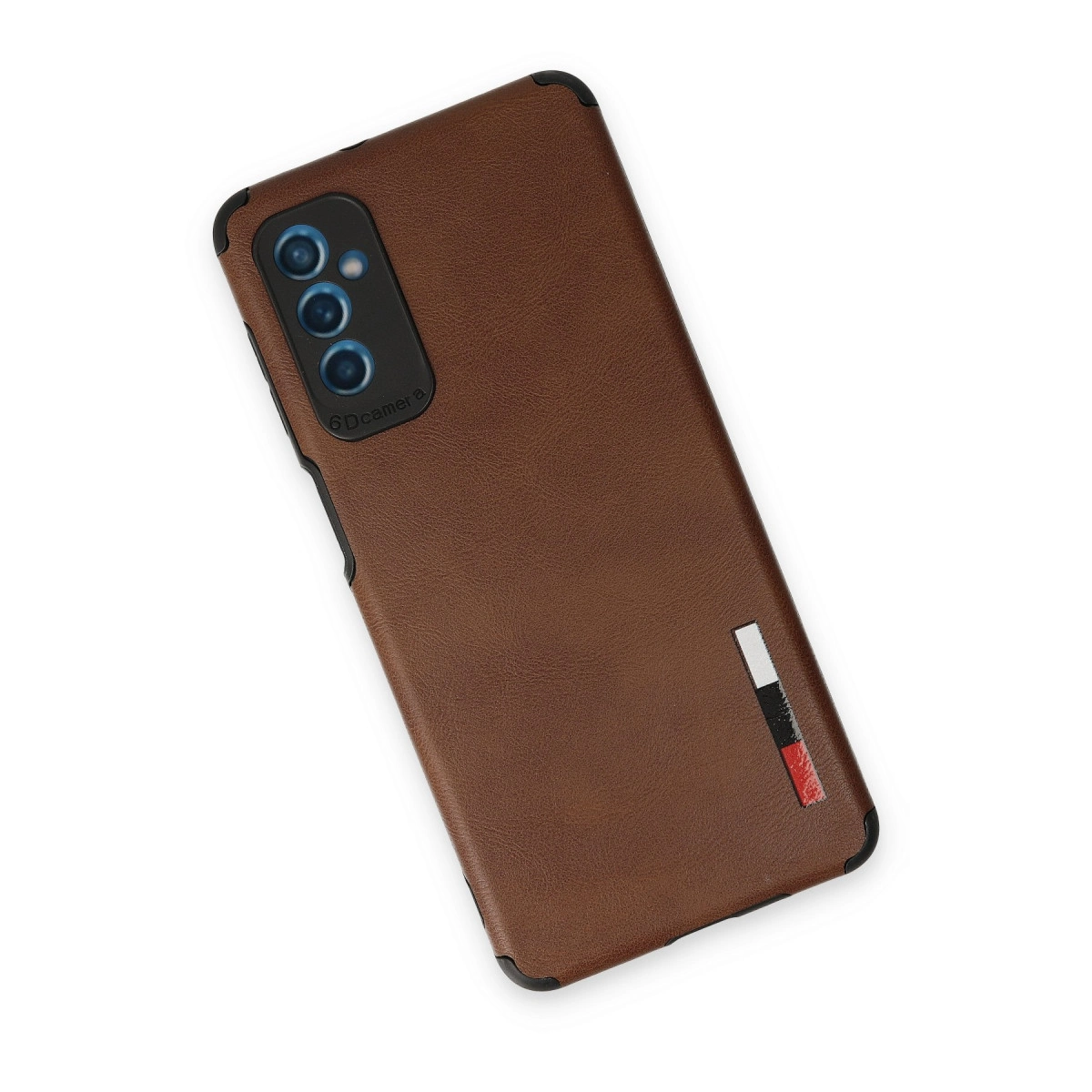 Kamera sistemli ve şerit detaylı kahverengi telefon kılıfı.