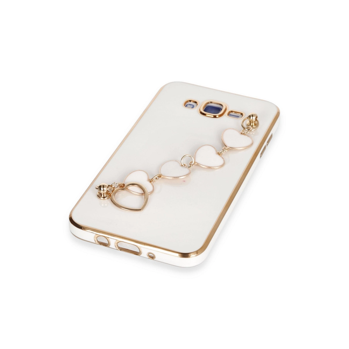 Altın kenarlı beyaz telefon kılıfı ve kalp charm bileklik.