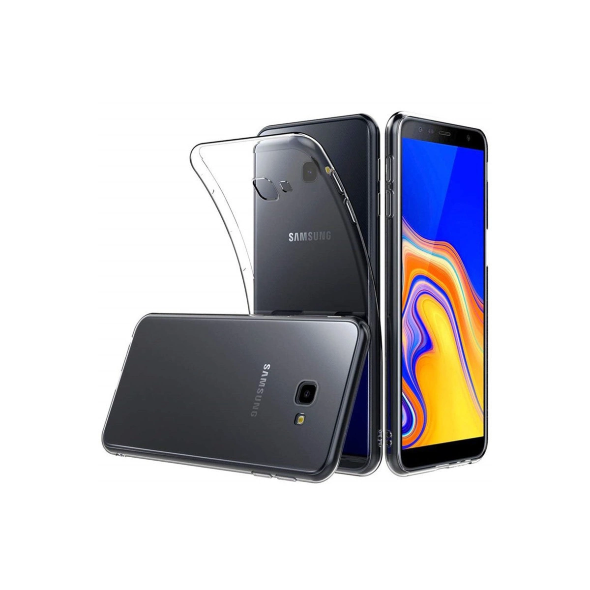 Üç adet Samsung akıllı telefon, ikisi şeffaf kılıflı, beyaz zeminde.