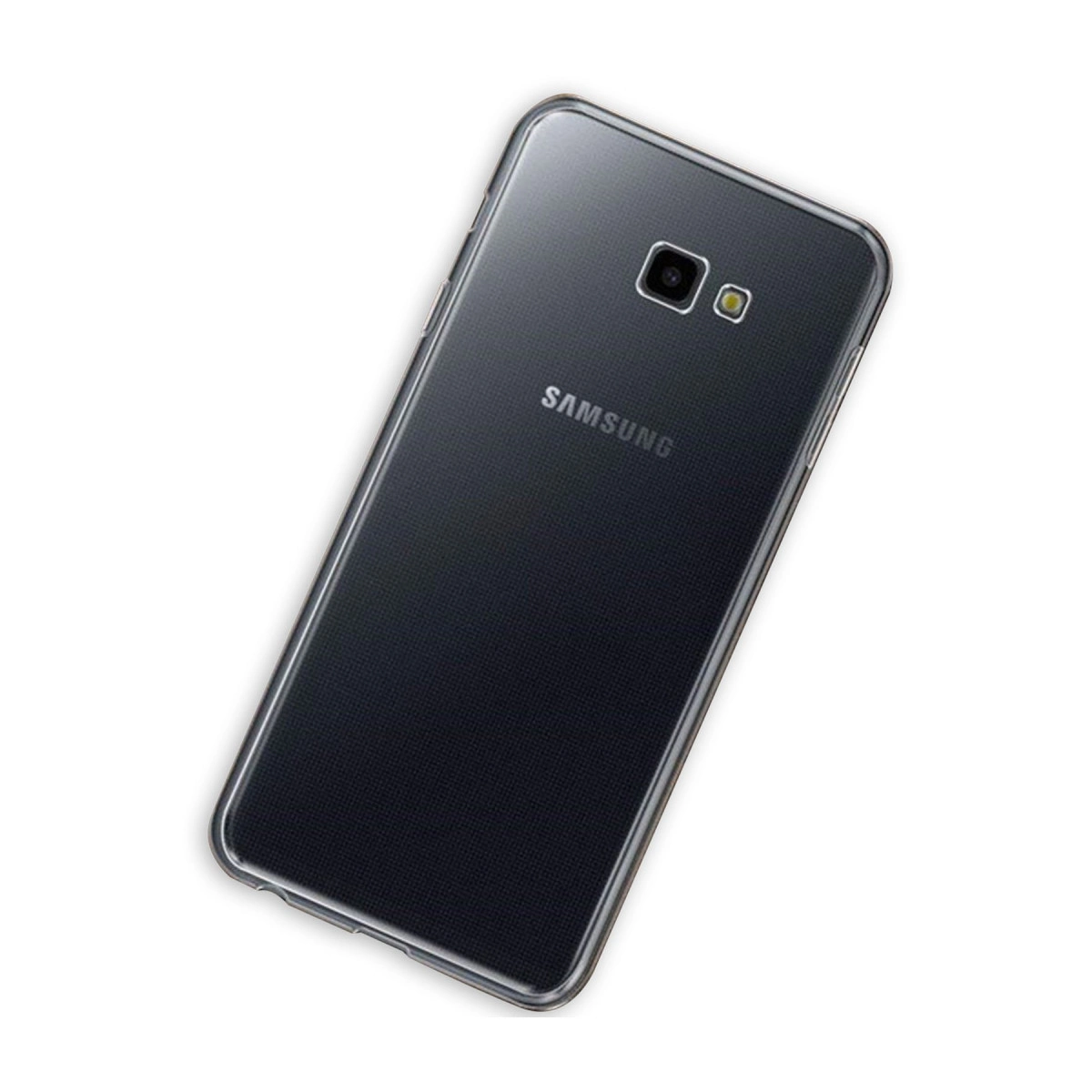 Şeffaf Samsung telefonun arkası, kamera ve logo görünüyor.